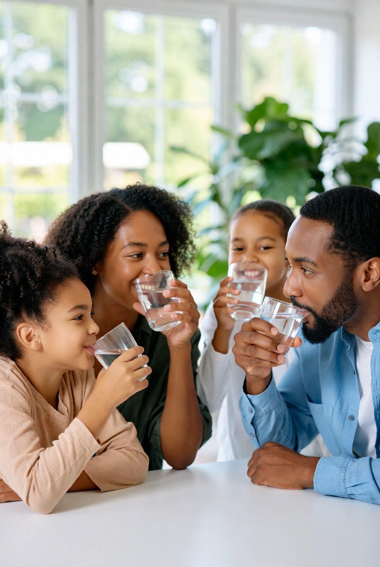 Mother and daughter drinking water in kitchen